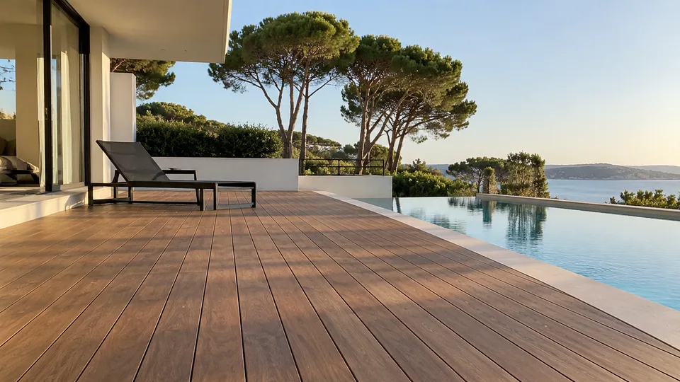 Terrasse en bois dégrisée et protégée par un saturateur mat.