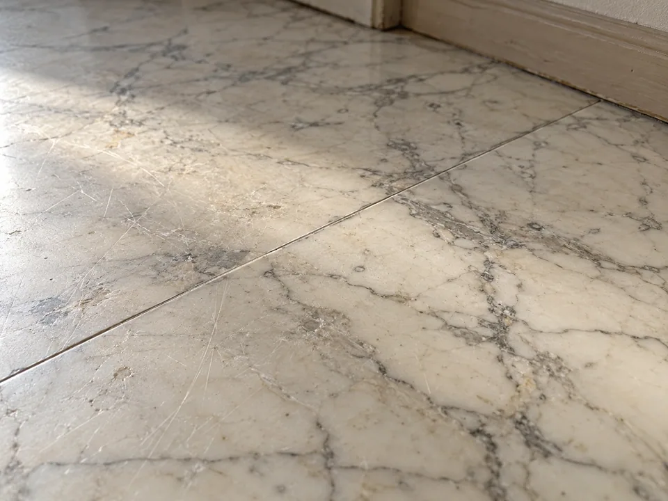 Rayures et veinage d’un marbre en lumière rasante.