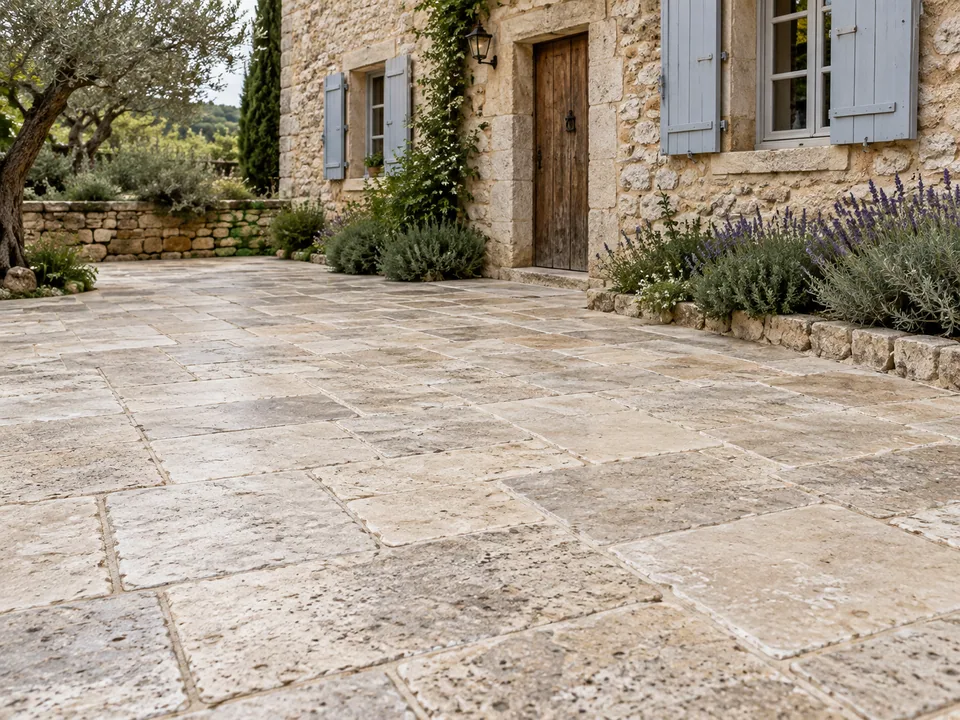 Terrasse en pierre naturelle nettoyée et protégée.
