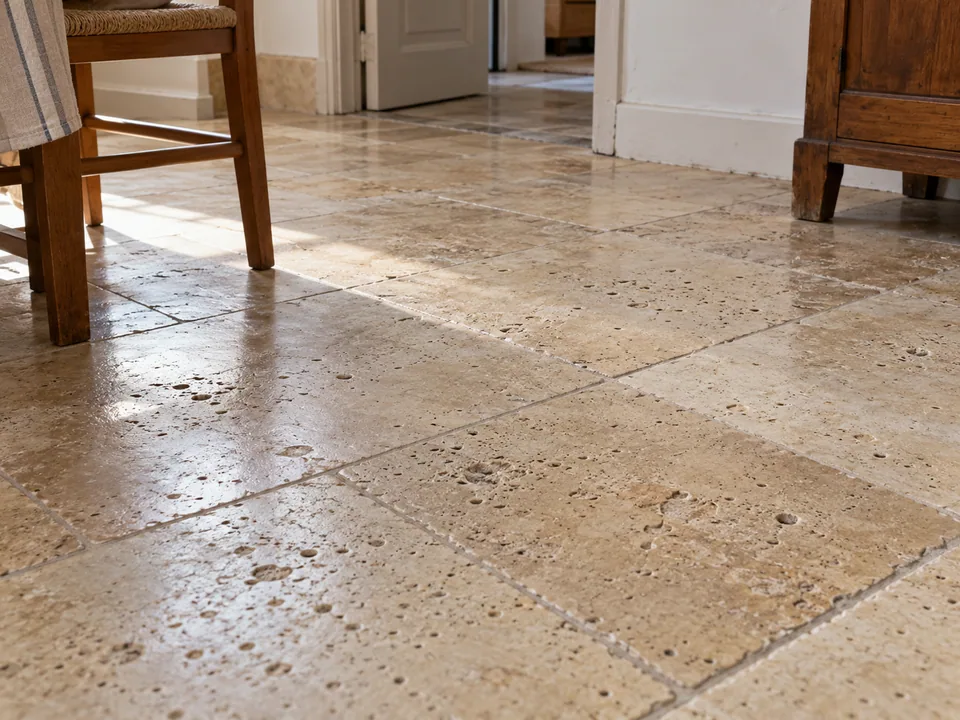 Travertin intérieur marqué par l’usage.