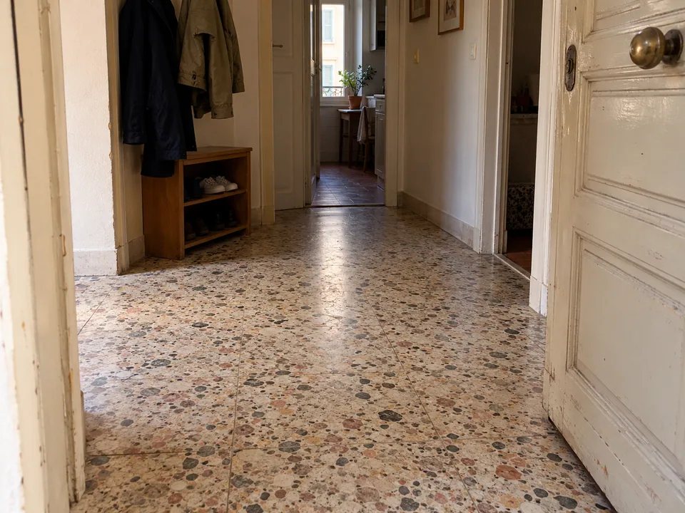 Un terrazzo ancien dans une entrée.