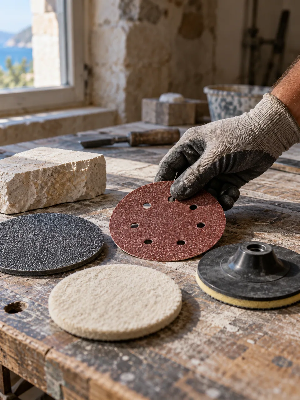 Abrasifs et disques sur une matière minérale.