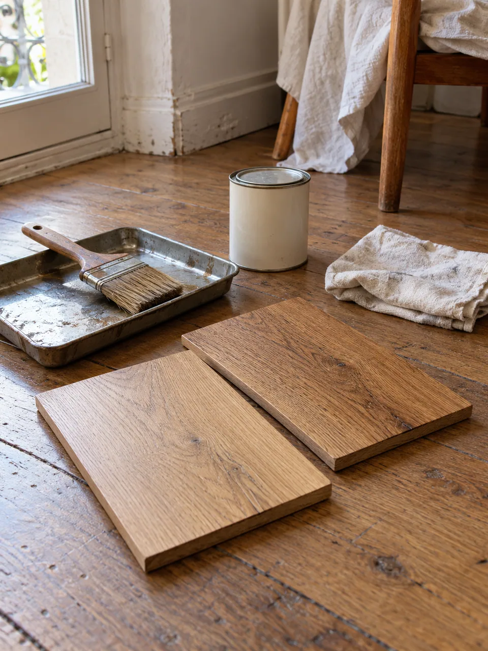 Échantillon de parquet et accessoires de finition.