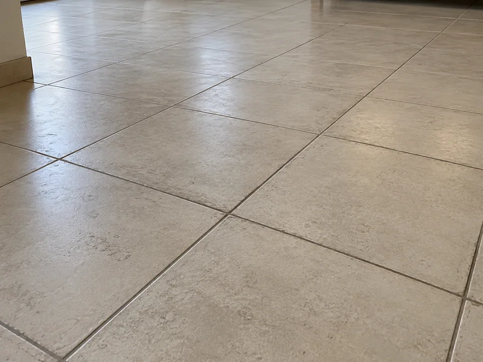 Carrelage intérieur existant légèrement terni, avec joints visibles et lumière naturelle rasante.