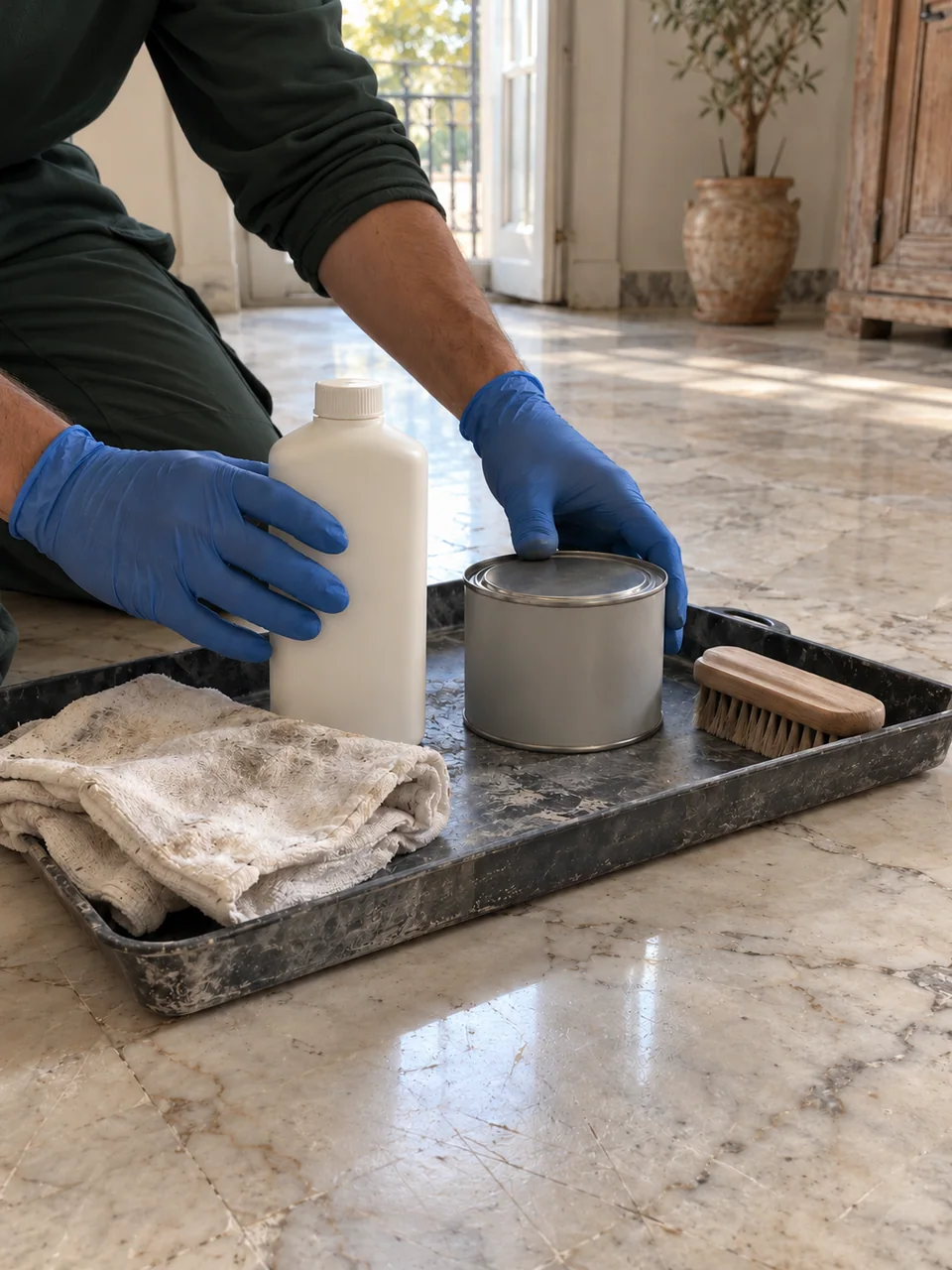 mains gantées d’un artisan en tenue propre préparant des conditionnements sans marque.
