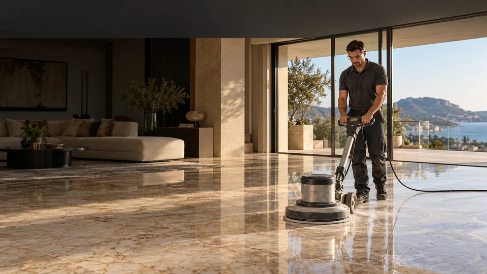 artisan en tenue anthracite propre polissant un marbre dans un intérieur méditerranéen, avec la zone de navigation dégagée.