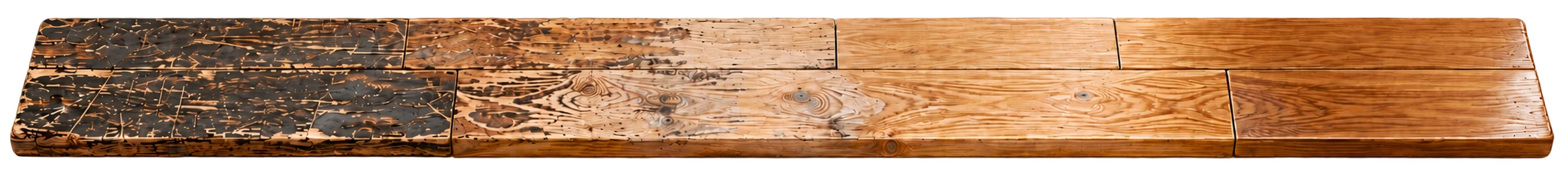 Une lame de bois, très abîmée à gauche puis progressivement rénovée jusqu’à sa finition à droite