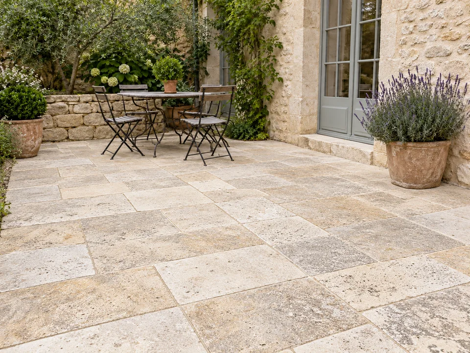 État après rénovation simulée : terrasse en pierre