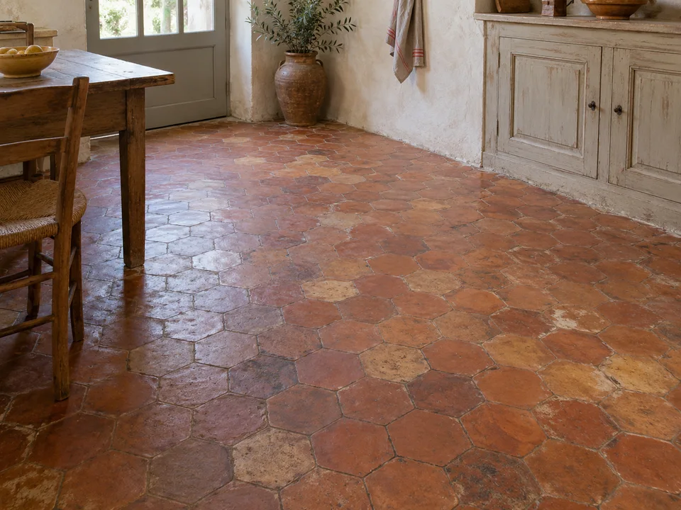 État avant rénovation d’un sol en tomettes ou terre cuite